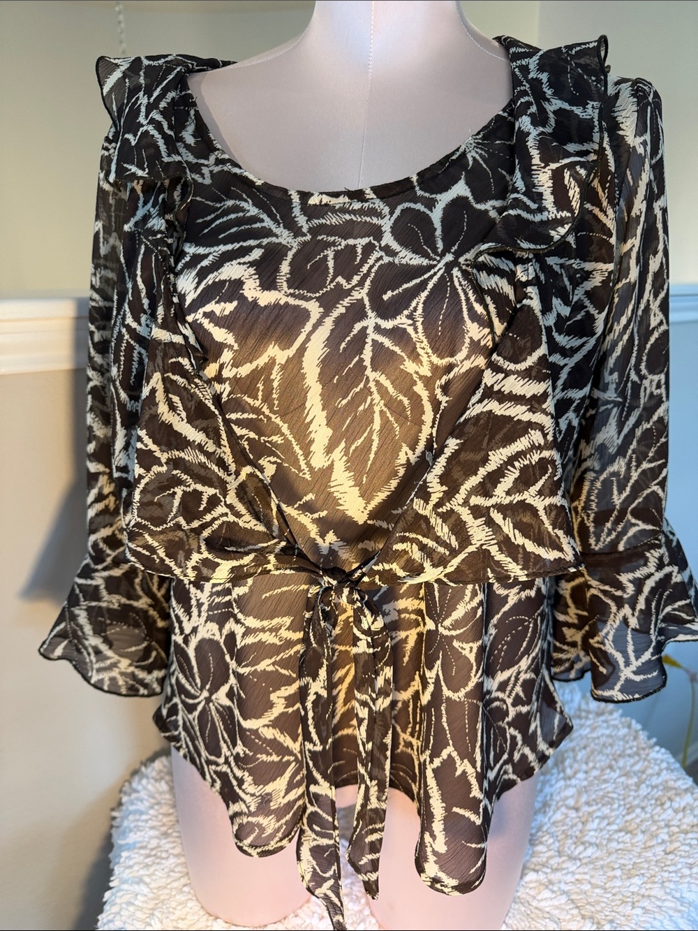 Sheer Tie-Front Floral Blouse in Brown and Cream